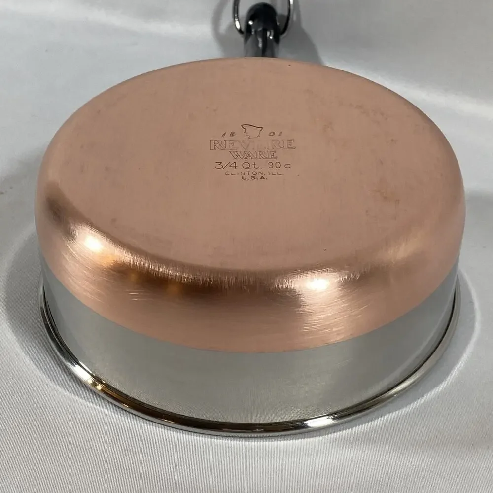 Revere Ware 3/4 QT Sauce Pan 1801 Copper Bottom + Lid Clinton IL, USA Stainless